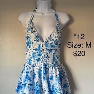 Blue and White Floral Halter Tie-Front Dress